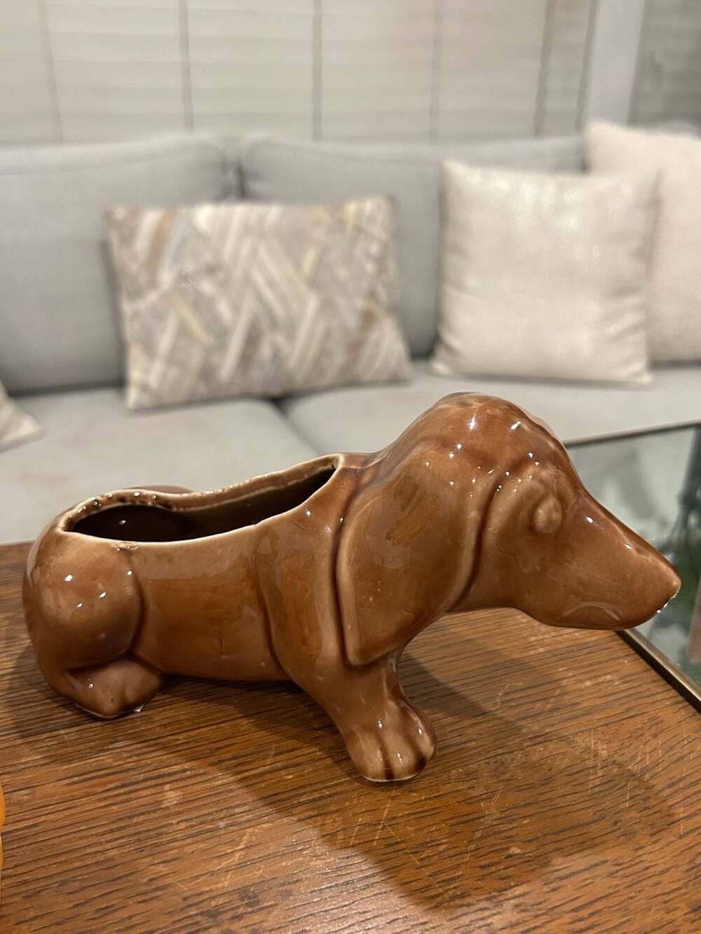 Vintage Ceramic Dachshund Dog Planter Glossy Brown